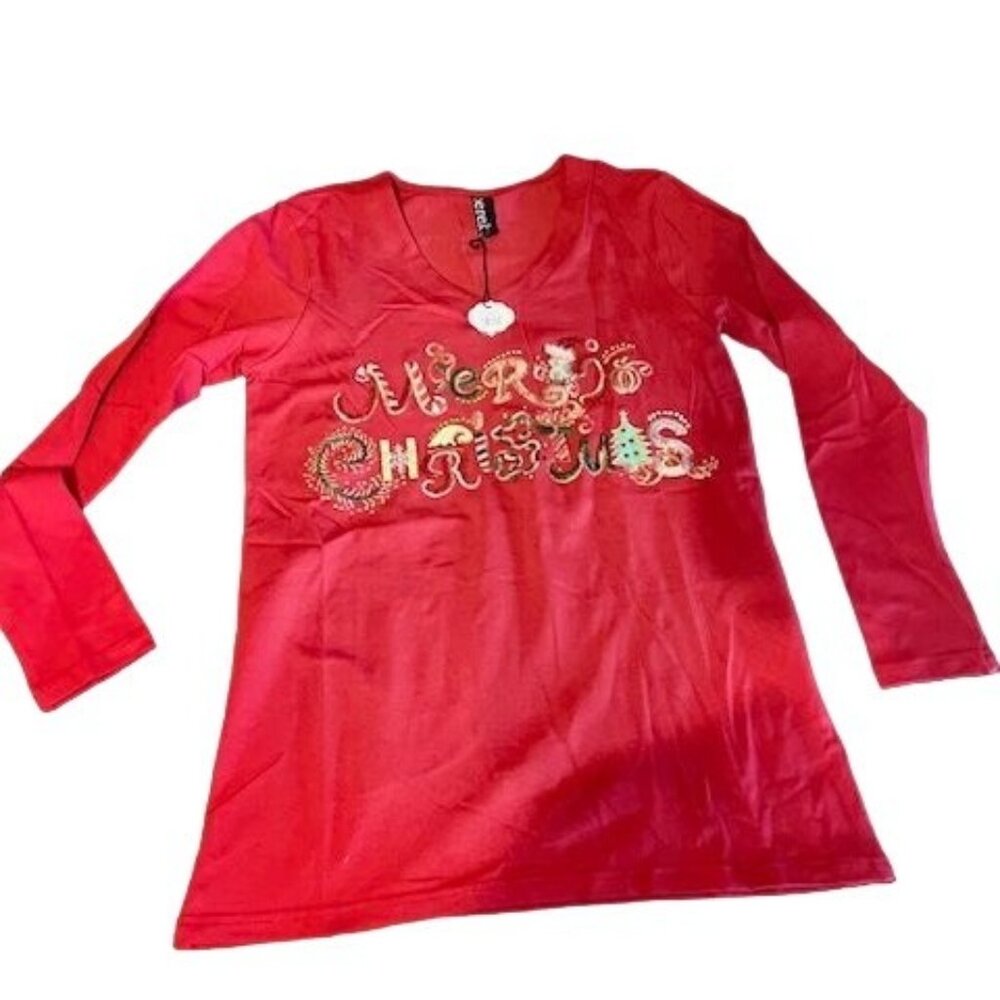 Berek Womens Merry Christmas Red Long Sleeve Top S Embellished winter fashion